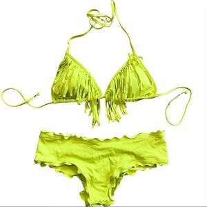 LIME Green Fringe Scrunched Bum Bikini Size Small